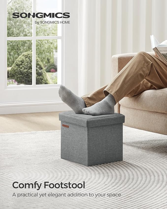 SONGMICS Storage Ottoman, Foldable Small Ottoman Foot Rest, 11.8 Inches Foot Stool, Cube Ottoman with Storage, Load up to 286 lb, for Living Room, Bedroom, Dorm, Light Gray ULSF028G02
