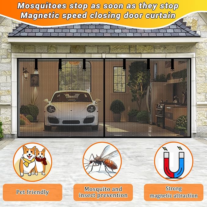 Garage Door Screen 1 Car 10x7FT Garage Screen Door，Upgraded PET Mesh with Retractable Magnetic Screen Garage and Heavy Duty Bottom for Easy Assembly and Pass, Hands-Free Screen Door