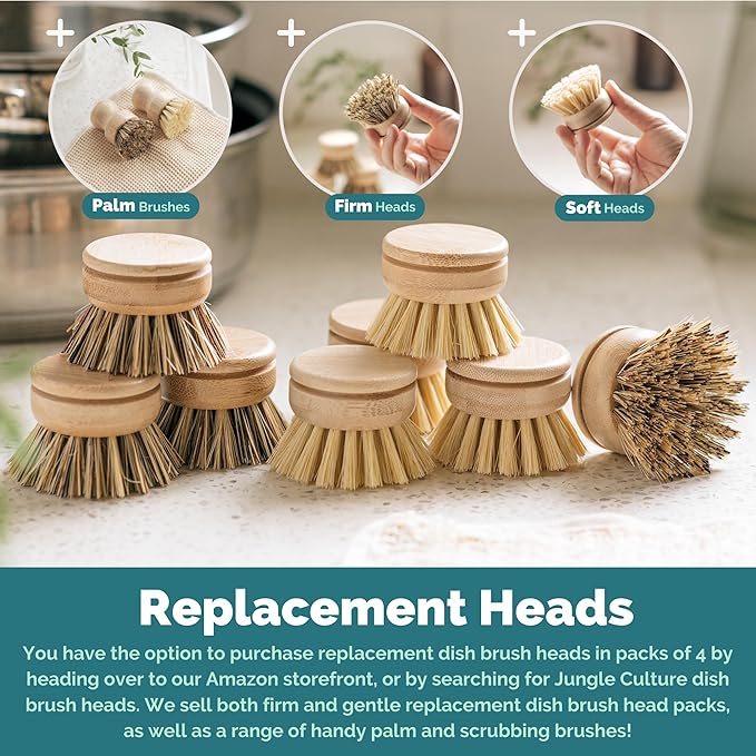 Jungle Culture® 6 Pack Bamboo Dish Brush Set for Washing Up • Natural Wooden Dish Brushes for Pans & Dishes • Eco Friendly Dish Scrubber for Bottles, Pots & Vegetables • Non Toxic & Plastic Free