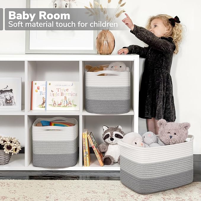 Goodpick Woven Storage Basket, Closet Storage Bins for Books, Towels, Cotton Rope Organizer with Handles, Square Toy Gift Basket for Kids, Gradient Gray, 13 x 10 x 9 Inches