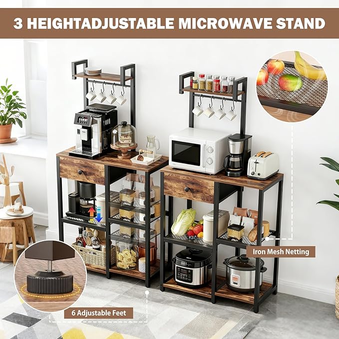 Kitchen Bakers Rack,Microwave Stand with Storage,Adjustable 6 Tier Coffee Bar Staion,Free Standing Bakers Rack with Drawer and Hooks,Kitchen Appliance Storage Shelf for Spices,Pots