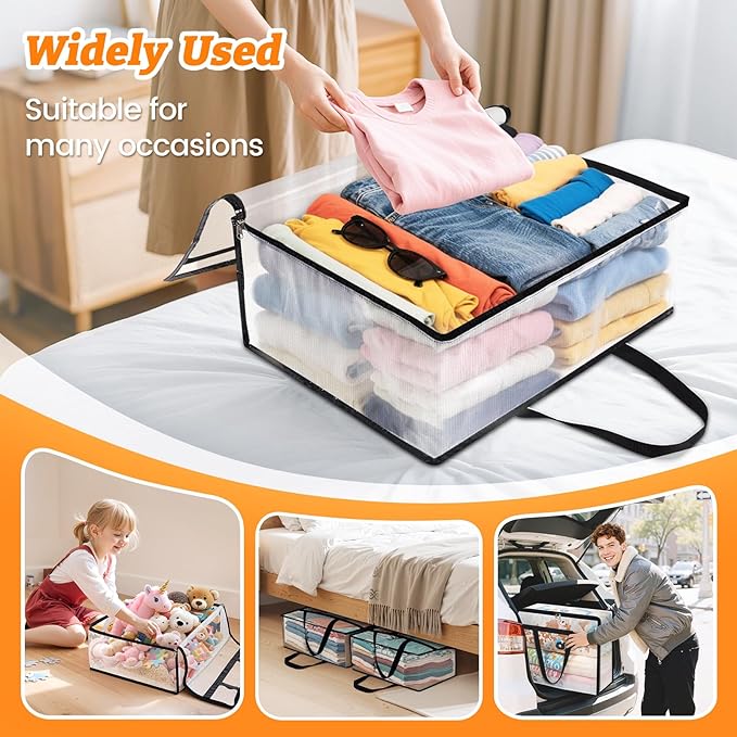 BlissTotes 6 Pack Clear Clothes Storage Bags, Moving Bags, Foldable Blanket Storage Under Bed Storage Containers with Sturdy Zipper and Handle for Clothing, Comforter, Bedding, Sheet (90L)