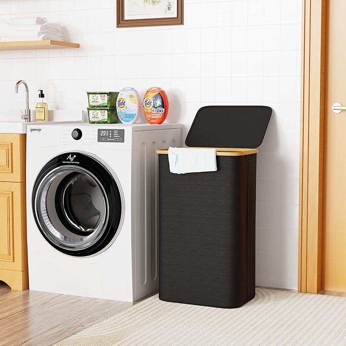 SUOCO Laundry Basket with Lid, 29 Gal (110L) Clothes Hamper with Bamboo Handles, Large Foldable Laundry Hamper for Bedroom, Bathroom, Dorm, Laundry Room - Black
