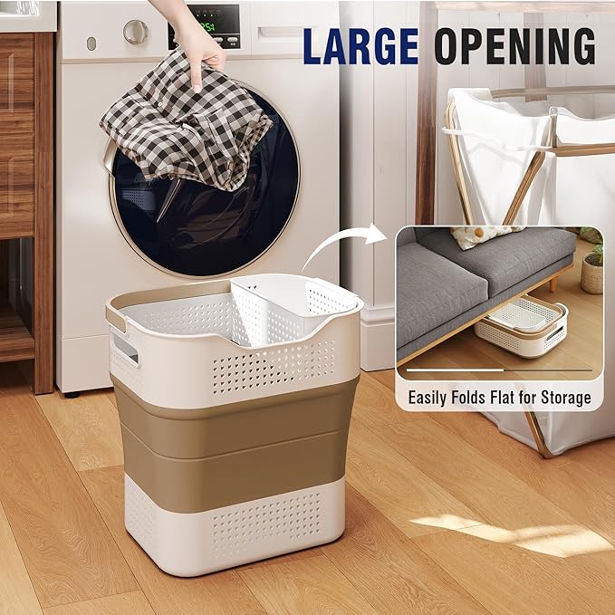 TECHMILLY Collapsible Plastic Laundry Basket Hamper with Handles, 35L Portable Rubber Clothes Basket, Pop Up Storage Container/Organizer with Hanging basket for Washing & Storage, Brown