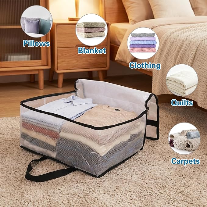 Fixwal 4 Pack 40L Blanket Storage Bags With Zipper Mesh Clear Underbed Storage Closet Organizers and Storage Containers for Bedding, Duvet, Comforter