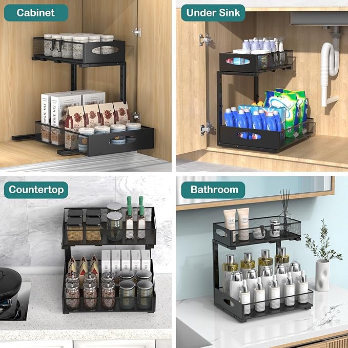 Housolution 1 Pack Large Under Sink Organizer, 2 Tier Metal Pull Out Under Sink Storage with Sliding Mesh Drawers, Height Adjustable Slide Out Under Cabinet Organizer for Kitchen Bathroom, Black