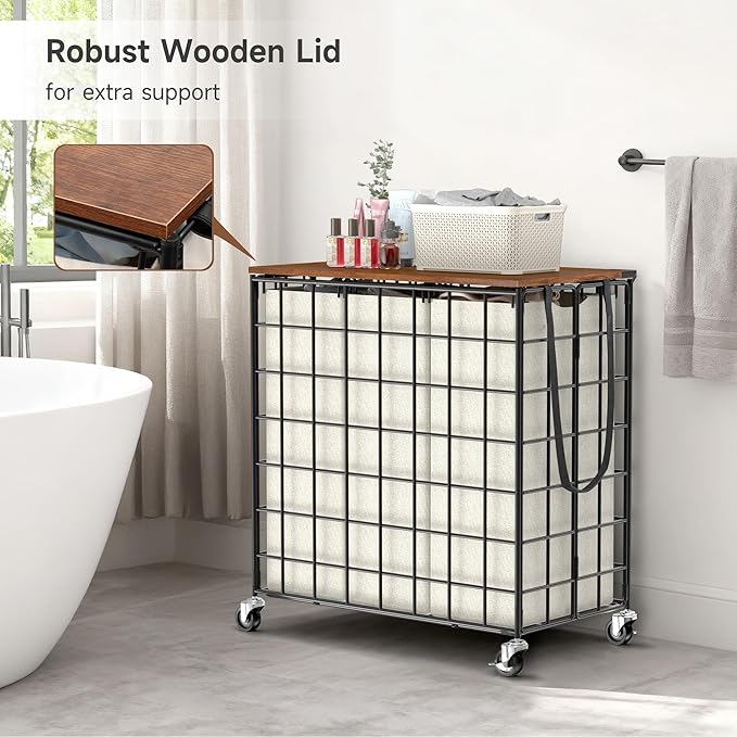 Laundry Basket with Wheels, Heavy Duty Laundry Sorter 3 Sections, 140L (37Gal.) Large Capacity Laundry Hamper with Wood Lid, 360 Rolling Wheels, Extra Side Pocket, Leather Pull Handle (Beige)