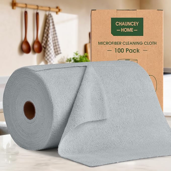 Microfiber Cleaning Cloth Roll - 100 Pack Tear Away Microfiber Paper Towels, Reusable, Washable, Scratch-Free, Kitchen Towels for Car, Home, Kitchen, Glass, Dishes(Cloud Gray)