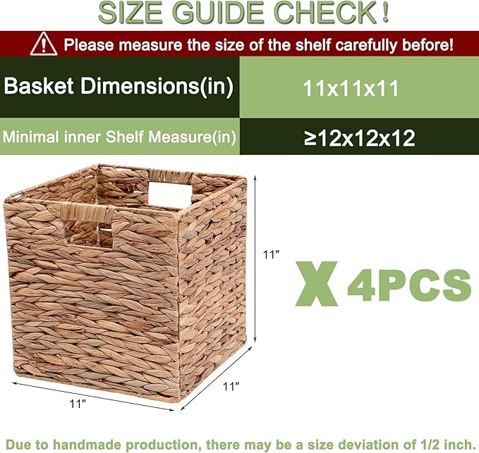 11x11in Storage Baskets Set of 4 Water Hyacinth Baskets,Foldable Wicker Storage Cubes, Baskets for Bathroom, Bedroom, Laundry, Pantry, Shelves