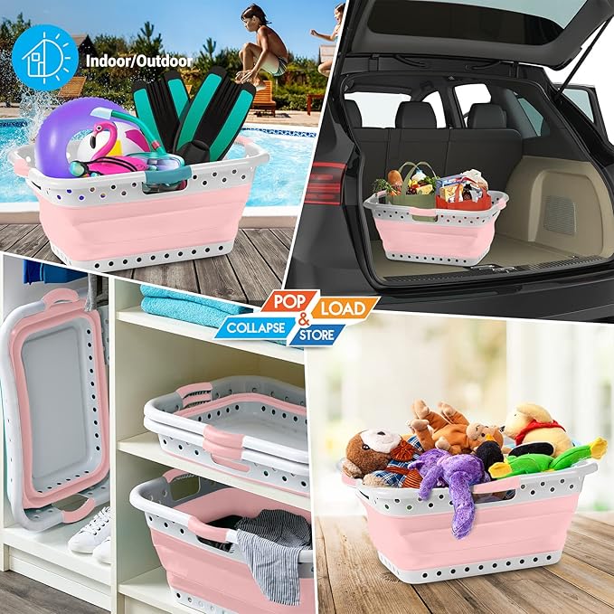 Pop & Load Collapse & Store 1 Large 25" Slim Collapsible Plastic Laundry Basket, Space Saving Portable Pop Up Storage & Organization Basket, 3" High When Folded, 3 Comfort Grip Handles, Blush Pink