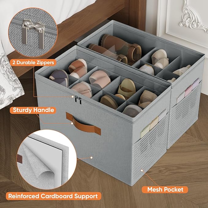 2 Pack Shoe Organizer for Closet,Foldable Shoe Storage Organizer with Adjustable Dividers, Shoe Storage Box with Clear Cover, Fits up to 16 Pairs, Gray
