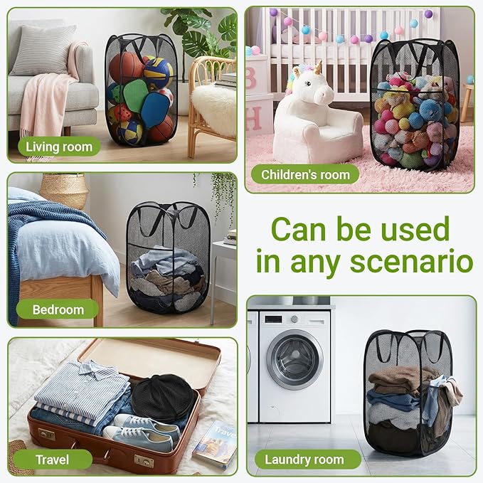 BATTOO Deluxe Strong Mesh Pop up Laundry Hamper Basket with Side Pocket for Laundry Room, Bathroom, Kids Room, College Dorm or Travel 2 Pack Black