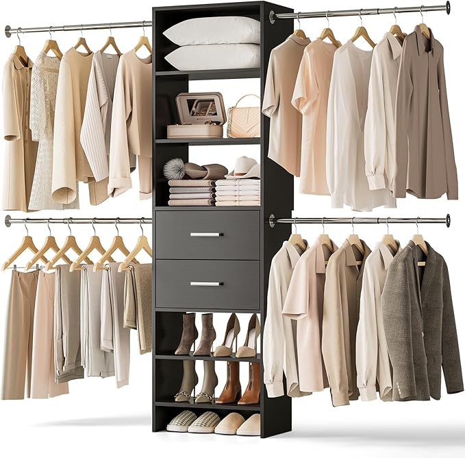 W2 Closet System with 2 Drawers, 3.5FT-7.7FT Closet Organizer System with 4 Chrome-Plated Telescopic Rods & 5 Adjustable Shelves, Custom Wood Walk-In Closet Clothing Rack, Black