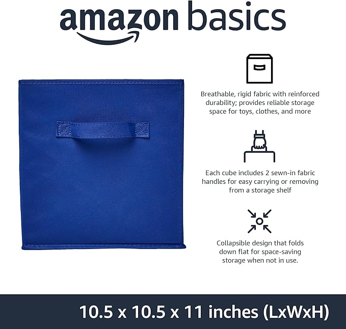 Amazon Basics Cube Organizer Storage Bins Handles,Collapsible Fabric,10.5"x10.5"x11",Navy,6 Count (Pack of 5)