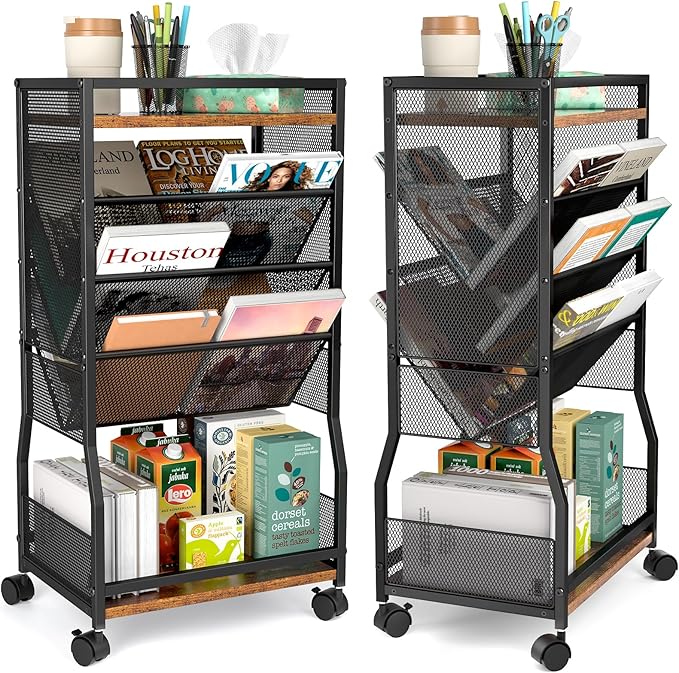 8 Tier Rolling Book Cart with Wheels, Mobile Book Storage Cart with 2 Sides Access Bookcase for Narrow Space, Rolling File Organizers and Storage for Home Office Living Room Classroom School