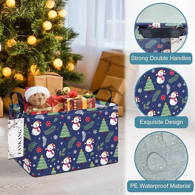 FANKANG Storage Bins,Christmas Nursery Hamper Canvas Laundry Basket Foldable with Waterproof PE Coating Storage Baskets for Boys and Girls, Office, Bedroom,Toys(Rec-Christmas snowman ）