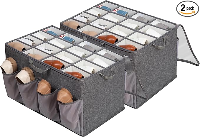 Fabric Shoe Organizer for Closet, Fits up to 24 Pairs, Foldable Shoe Storage Bin Containers with Adjustable Dividers and Clear Cover, Grey, 2 Pack