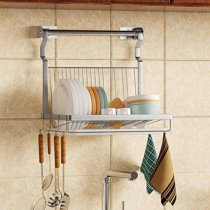 TQVAI Over Sink Dish Drainer Drying Rack, Stainless Steel Foldable Wall Mounted Dish Racks with Drainboard Hanging Rod and Sponge Holder, Silver
