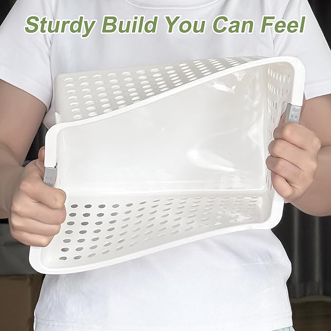 Soddeph 4 Pack Plastic Storage Basket with Handles, Small Deep Organizer Bin with Hollow Design for Under Counter, Shelf, Closet, Kitchen or Bathroom (White, Small)