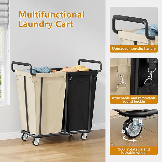 Large laundry hamper with Wheels, 2 Bag 360L Big Rolling Laundry Basket Sorter Cart, Extra Large Laundry Clothes Hamper, Heavy Duty Laundry Basket Organizer for Laundry Room,Bathroom