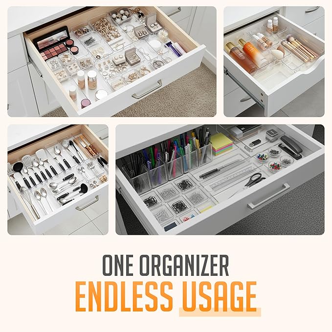 Masirs Clear Drawer Organizer Set - 25 Piece Plastic Storage Bins for Desk, Bathroom, Kitchen, Vanity - Modular Tray System for Makeup, Office Supplies, and Small Item Organization