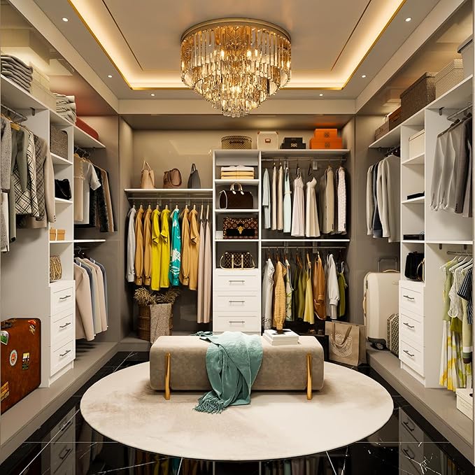 Closet System with Drawers, 5FT-8FT Closet Organizer System with Shelves & Expandable Hanging Rods, 96" Walk in Storage Closet System Wood, White