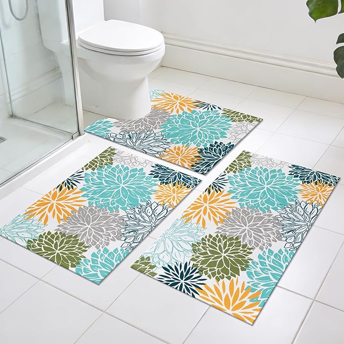Vaukki Bathroom Rug Set 3 Piece, Non Slip Absorbent Rubber Backed Floral Bath Floor Mat Fit Under Door, Ultra Thin Quick Drying Bath Rug for Shower, Tub and Toilet, 17"x26"+17"x32"+17"x24"U, Teal