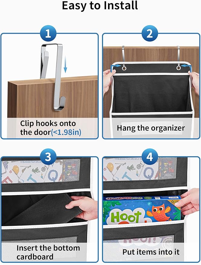JARLINK 2 Pack Over The Door Organizer Storage, 5 Shelf Hanging Door Organizer with 5 Large Capacity Pockets, Anti Tilt 44 lb Load Behind Door Storage for Bedroom, Bathroom, Pantry, Nursery, (Black)