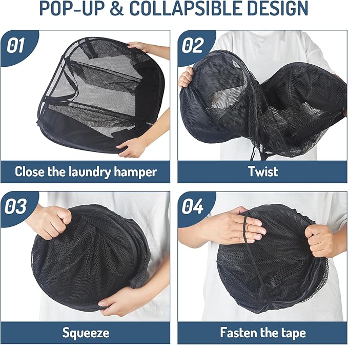 Seiritex Mesh Popup Laundry Hamper 3 Compartment Sortable Horizontal Collapsible Laundry Basket for Clothes Laundry Room Bedroom Toys Travel (Black)