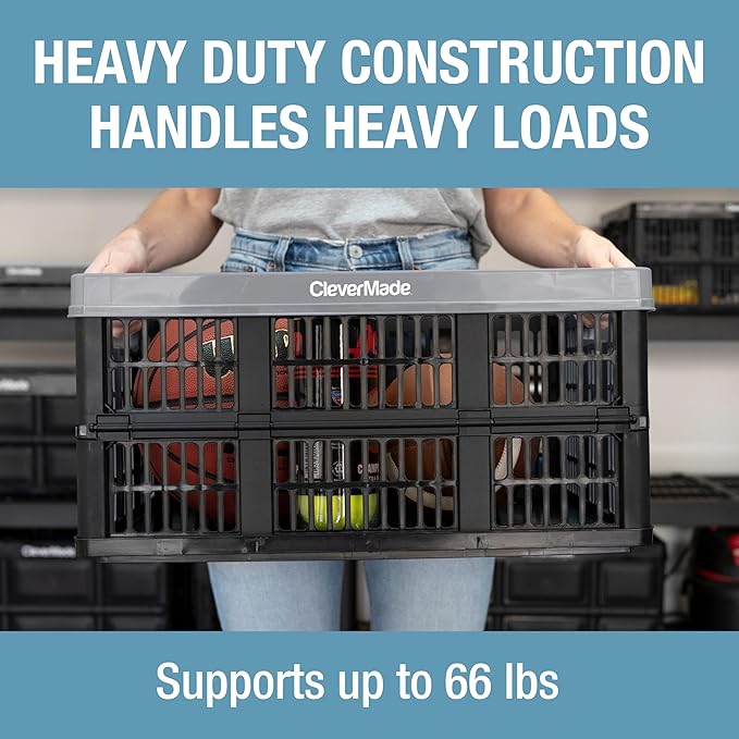 CleverMade Collapsible Utility Crates - Stone 3 Pack 45L / 11 Gal Holds 66 lbs - Stackable Containers Heavy Duty Capacity Crates-Space-Saving Baskets