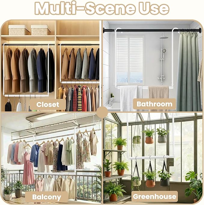 Stepless Extender Closet Hanging Rod - Heavy Duty Closet Rods for Hanging Clothes, Adjustable Width & Height, Space-Saving White Closet Organizer for Hanging & Drying Clothes, Easy to Install