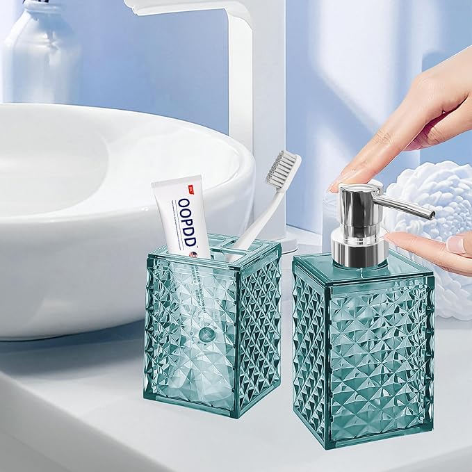 2PCS Mint Blue Bathroom Accessories. Contain Soap Dispenser and Toothbrush Holder Set. Boho Bathroom Set for Blue Bathroom Décor