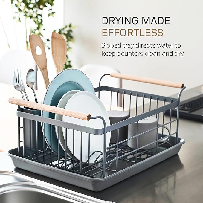 Yamazaki Home Sink Removeable Drainer Tray, Kitchen Drying Organizer Holder, One Size, White Steel + Wood | Dish Rack, Gray