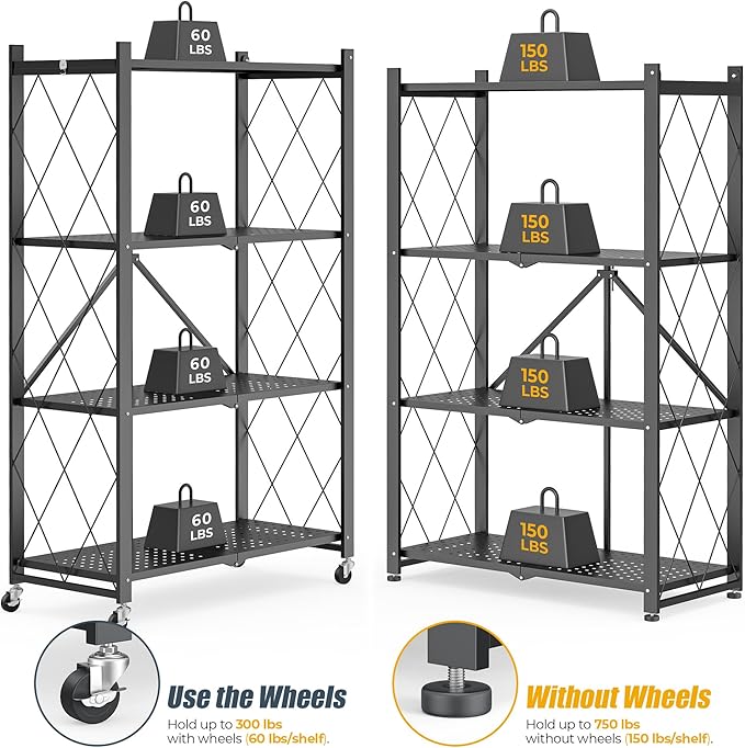 4-Tier Folding Metal Storage Shelf with Wheels, No Assembly Organizer Rack, Heavy Duty Collapsible Shelving Unit for Garage, Kitchen, Basement, Pantry, Living Room(New Upgrade - Black, 4 Tier)