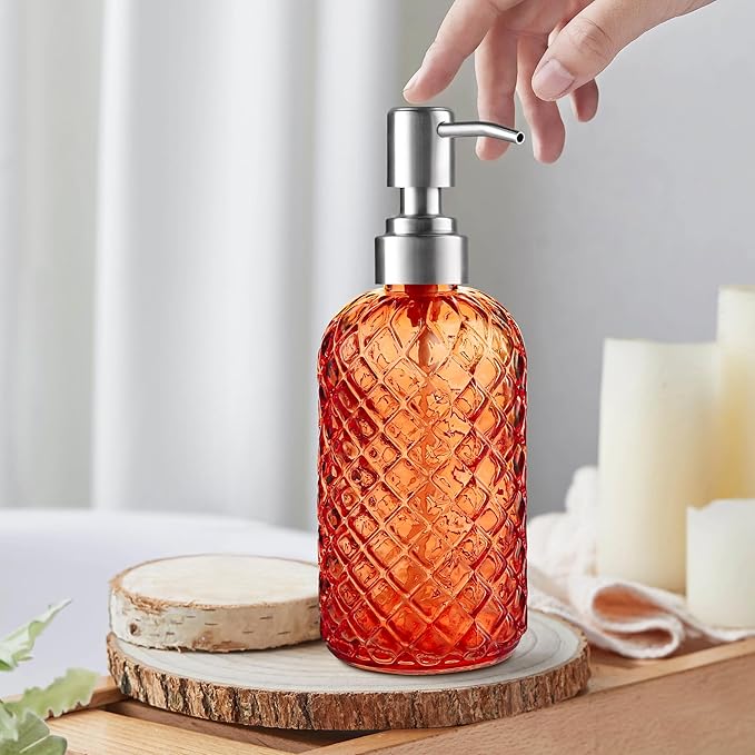 14 Oz Refillable Glass Soap Dispenser with Rust Proof Stainless Steel Pump, for Dispense Hand soap, Body wash, Lotion (Orange)