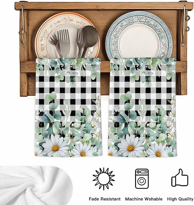 Kitchen Towels Set of 3, Green Eucalyptus Leaves Soft Microfiber Dish Towels, Summer Botanical Daisy Black Plaid Absorbent Washable Dishcloths for Kitchen Cleaning, Drying Dishes, 18x28 Inches