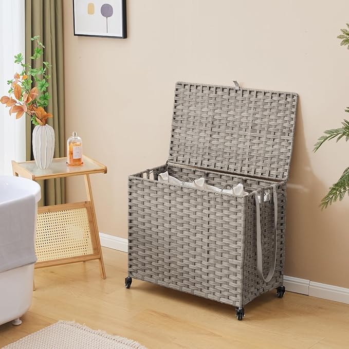 Laundry Hamper with Wheels, 34.3 Gallon(130L) Rolling Laundry Basket with Lid, 3-Section Rattan Clothes Hamper with 3 Removable Liner & 3 Mesh Bags, Laundry Sorter with Side Pocket, Grey