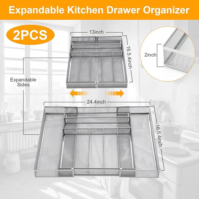2 Pcs Utensil Drawer Silverware Organizer, Metal Mesh Expandable 13" ~24" Kitchen Drawer Organizer, 7-9 Slots Cutlery Tray Dividers for Kitchen Flatware Christmas Housewarming Gift (Sliver)
