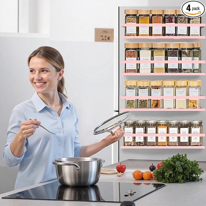 Magnetic Spice Rack for Refrigerator Seasoning Organizer for Spice Fridge Shelf storage Magnetic Shelf with Hook for Oven(4pack-Cut out-Pink)