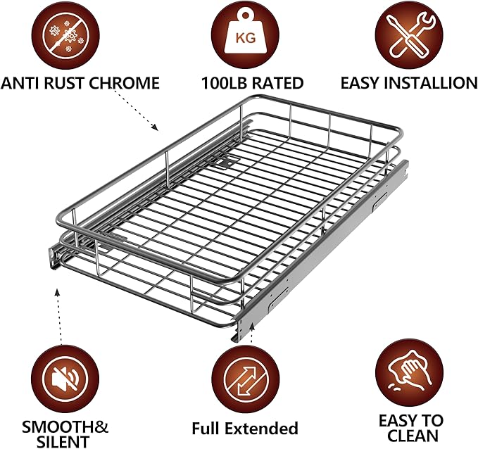JOWBOOW Pull Out Cabinet Organizer (16.4" W x 21" D), Put Out Shelves for Kitchen Cabinets, Roll Out Drawers Heavy-Duty Metal Sliding Shelf, Bottom Mount