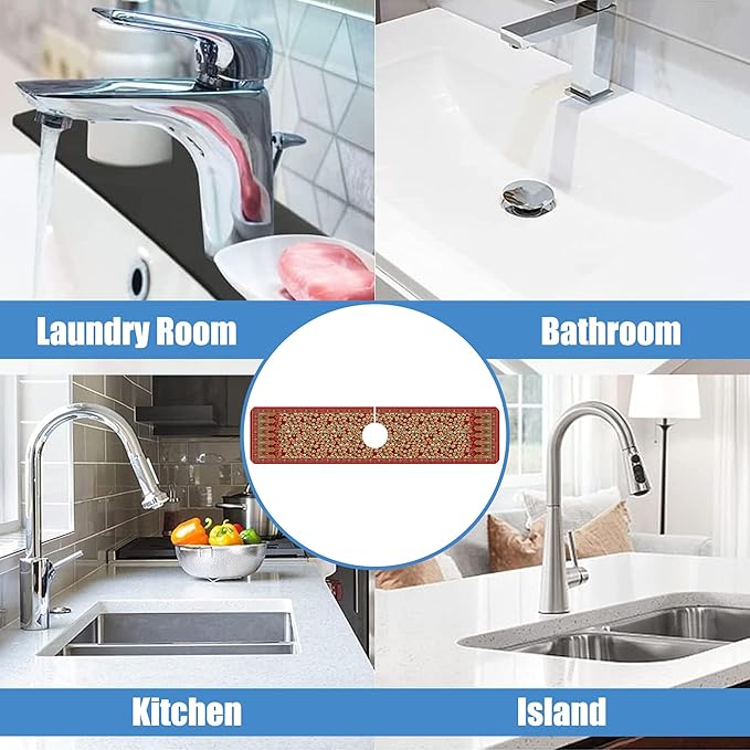 Sink Splash Guard Faucet Mat Red Retro Boho Flowers Absorbent Fast Drying Mat Sink Gadgets Splash Guard Behind Faucet Drip Catcher for Kitchen Bathroom 23.5"X5.5"