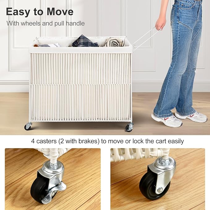 WOWLIVE Laundry Hamper with Wheels, 160L Handwoven Rolling Laundry Basket 3 Section with Lid, Clothes Hamper with 3 Removable Liner Bags, Large Laundry Sorter Laundry Room Organization, Creamy White