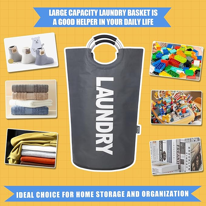 100L Laundry Basket, Collapsible Laundry Hamper with Padded Handles, Waterproof Laundry Bag, Tall Clothes Hamper Stand Up Well, Foldable Laundry Baskets for Easy Storage(Printed Dark Grey)