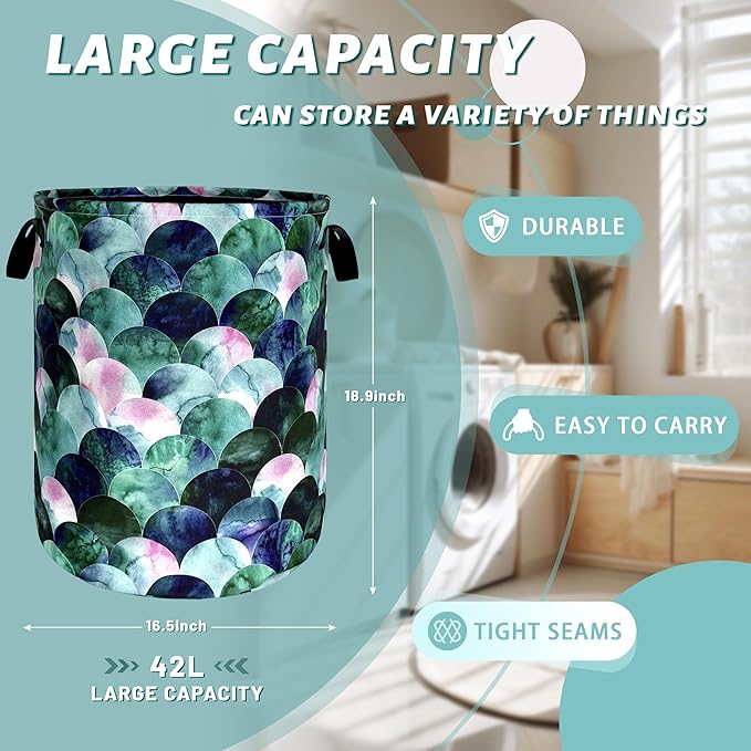 Green Mermaid Scales Laundry Basket Beautiful Scale Funny Laundry Hamper Foldable Oxford Cloth Colorful Tote Bag Clothes Toy Storage Bucket 18.9"x16.5" For Bathroom/Laundry Storage/Bedroom