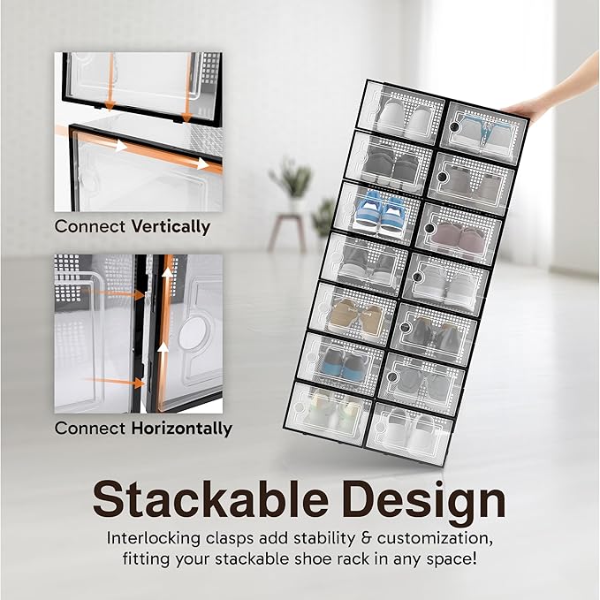 Reli. Shoe Boxes (14 Pack) | Clear Shoe Storage Boxes Stackable and Compact | Lightweight Plastic Storage Box with Ventilation Holes, Swing Door | Interlocking Containers, Stackable Rack | Black