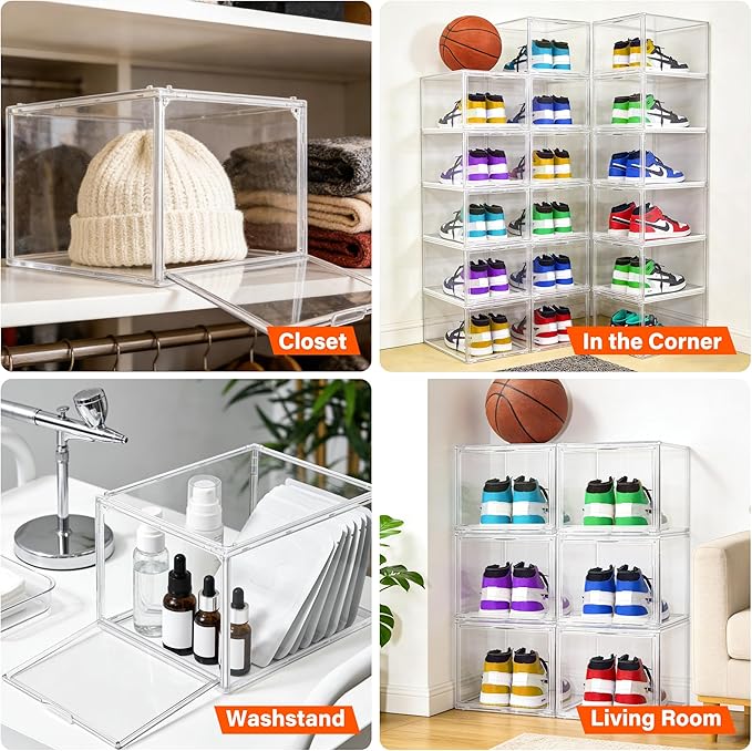 EDS FAM 12 Pack Acrylic Shoe Organizer, Drop Front Shoe Boxes Fit US Size 13, Clear Stackable Hat Organizer Case for Closet, Entryway, Underbed, Multiple Display Cases for Hats, Figures, Sneakers