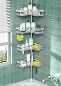 Shower Caddy Tension Pole - Corner Shower Shelves with Soap Holder Bathroom Shower Organizer for Tub (Stainless Steel, Silver, Floor to Ceiling 25-114.2 inch)