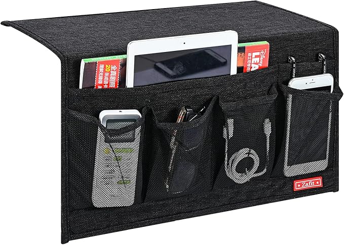 Zafit Linen 6 Pockets Bedside Caddy, Bedside Storage Organizer for Magazine, Remotes, Phone (Black)