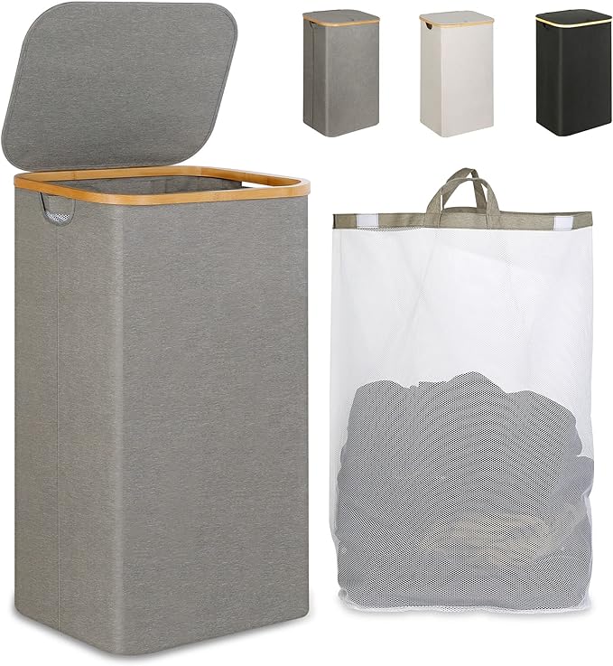 Laundry Hamper with Lid, 110L Large Laundry Hamper with Handle and Lid, Collapsible Clothes Basket Organizer with Removable Inner Bag for Clothes Toys Towels - Grey
