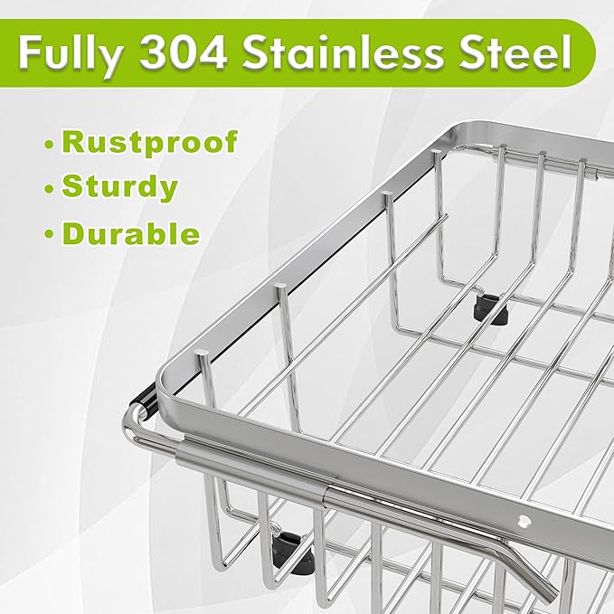 JASIWAY Dish Drying Rack in Sink, Expandable Stainless Steel Dish Drainer for Kitchen Sink, Dish Strainer Rack, Retractable Over Sink Dish Rack with Utensil Holder, 13.4''~16.9''D x 11.8''W, Silver